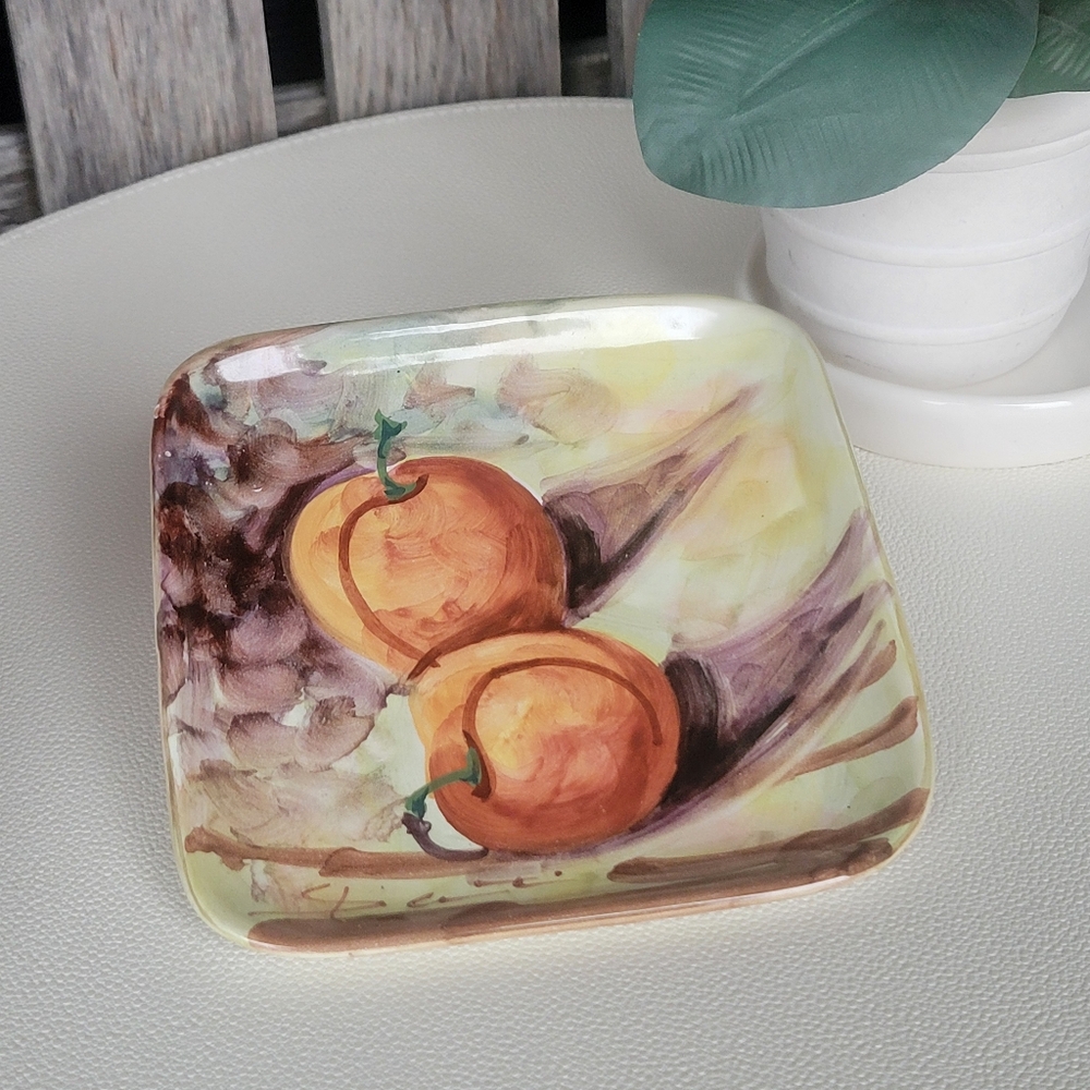 Peasant Village Hand Painted Peaches Signed Square Plate